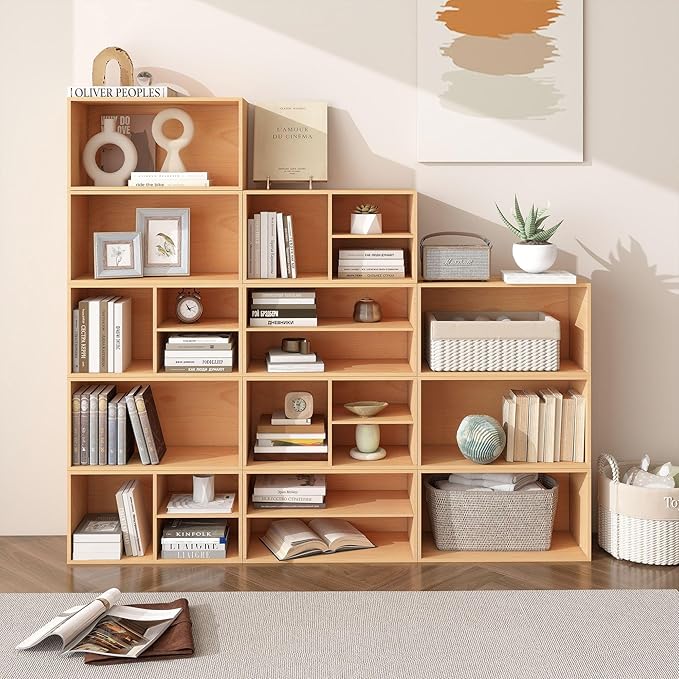 Sebastack 3 Cube Organizer Bookcase, Expandable Storage Shelves, Wooden Open Shelving Unit Book Shelf for Living Room, Office, Bedroom, Beech Color Wood Furniture (1 Set)