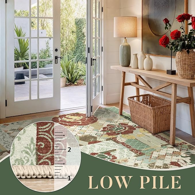 GENIMO Floral Runner Rug 2X6, Machine Washable Non Slip Vintage Patchwork Hallway Runner, Ultra-Thin Low Pile Runners for Indoor Entryway, Hallway, Kitchen and Corridor, Celadon Green
