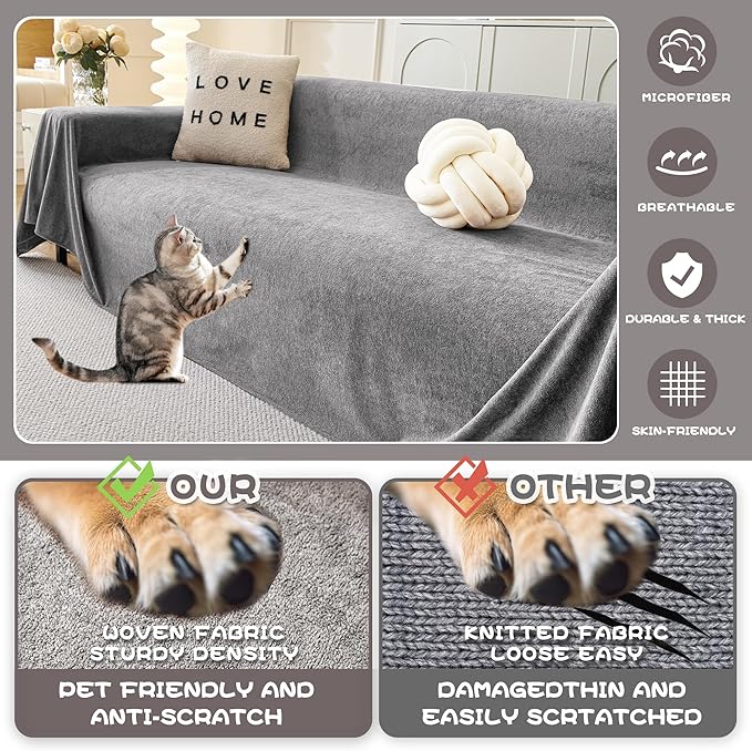 MYSKY HOME Couch Cover Sofa Cover for 3 Cushion Couch, Dog Couch Covers for Sectional Sofa Covers, Non Slip Furniture Protector Sofa Covers Washable Sofa Towel for Pet Cat Dog, 91" x 134", Grey