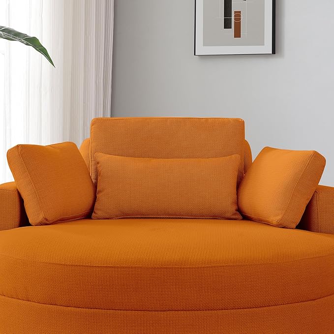 51.2'' Oversized Barrel Armchair with Storage Ottoman，Round Single Reading Upholstered Chairs,Recliner Sofa Chaise with 4 Movable Pillows for Living Room(Orange+Linen)