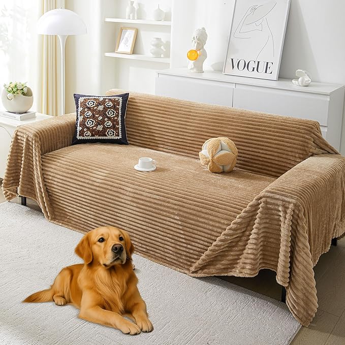 HAOMAIJIA Faux Fur Sofa Covers Couch Covers for 2 Cushion Couch Sofa Pet Friendly Soft Non Slip Couch Cover for Dogs Washable Sectional Couch Covers L Shape Furniture Protector (Khaki, 71"x102")
