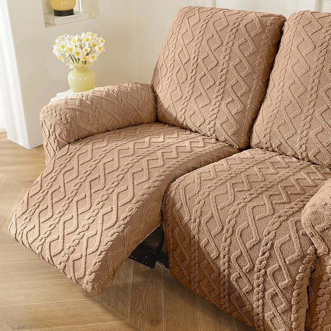 vctops 8 Pieces Geometric Jacquard Plush Recliner Sofa Covers Soft Fuzzy Fluffy 3 Seats Couch Cover Anti-Slip Sofa Slipcover Furniture Protector with Elastic Bottom for Kids Pet(Brown,3 Seat)