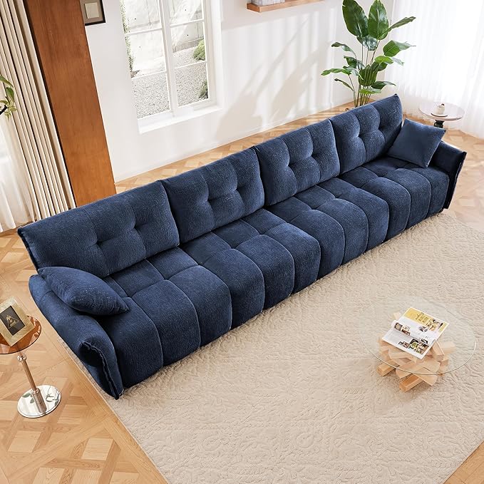 Modern Chenille Fabric 4-Seat Sofa w/ 2 Pillows, Premium Upholstery Living Room Couch with Tufted Backrest & Comfortable Armrests and High-Resilience Memory Foam Cushions,Blue