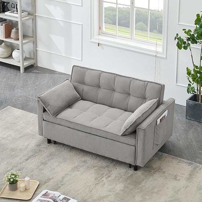 Ball & Cast Convertible Sofa Bed,Pull Out Loveseat Sleeper Sofa,Convertible Pull Out Couch W/2 Pillows,Adjustable Backrest & Side Pocket,Corduroy Futon Couches for Living Room,Apartment,Light Gray,54"