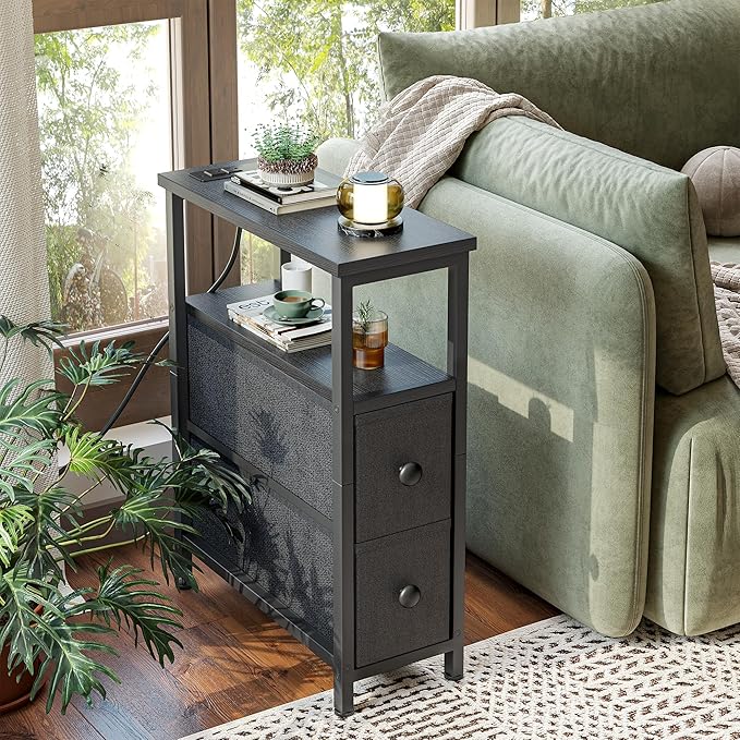 TIQLAB End Table with Charging Station, Narrow Side Table with 2 Fabric Drawers, Nightstand with LED Light, Slim Bedside Table for Bedroom, Living Room, Small Spaces, Black