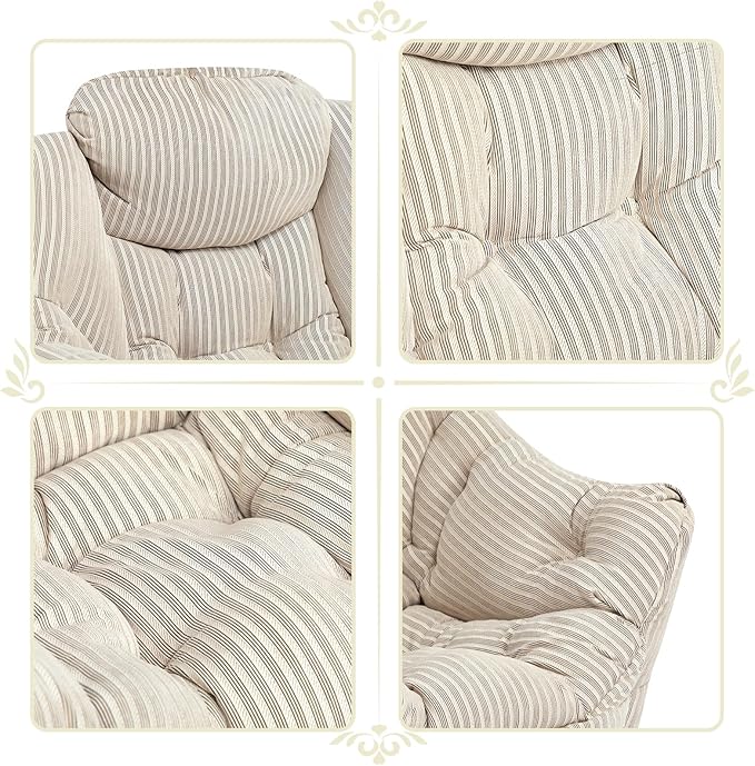 HollyHOME Fabric Lazy Chair with Foldable Ottoman, Accent Comfy Lounge Arm Chair and Folding Footrest Stool Set, Leisure Sofa Reading Chair and Footstool for Living Room, Bedroom, Dorm, Beige Stripe