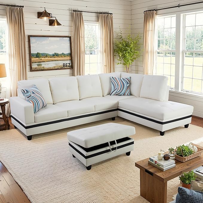 NicBex Sectional Couch 3 Pieces Sofa Set with Left Chaise PU Synthetic Leather L Shaped Cloud Couch for Living Room Furniture Sets with Storage Ottoman, Modular Sofa for Apartment, White+Black