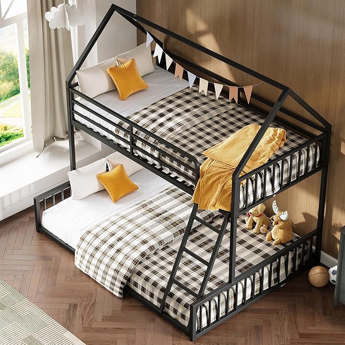 LIKIMIO Bunk Bed Twin Over Full Size, House Bunk Bed Frame with Ladder and Guardrail, House Shaped with Metal Slats Support No Box Spring Needed Space Saving for Bedroom and Dorm, Black