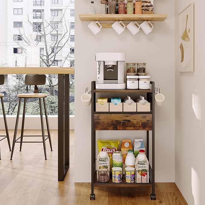Small Coffee Bar Cart with Drawer Srorage, Coffee Bar Station Organizer Mug Cup Holder Stand, 3-Tier Coffee Table for Home Buffets & Sideboards, Office Coffee Station for Kichen, Entryway, Living Room