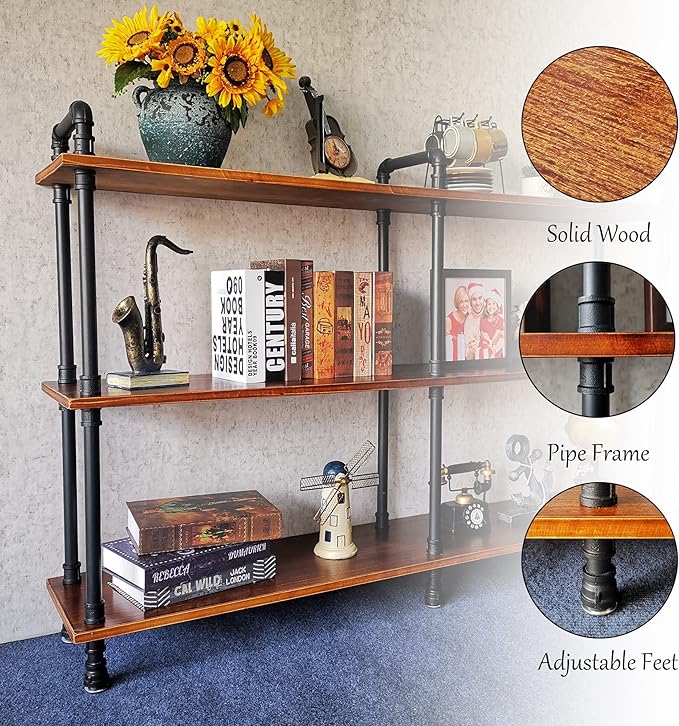 3 Tier Long Industrial Bookshelf, 3 Realwood Industrial Pipe Bookshelf for Living Room, Entry, Office (Rustic Brown, 60" L x 11.8" W x 39" H)