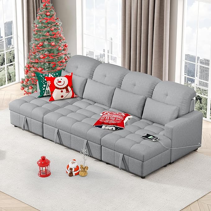 Ball & Cast 110.2" Oversized Versatile Sectional Sleep Sofa with Two USB Ports,U-Shape 4 Seat Pull-Out Couch w/Double Storage Chaise Lounges,for Living Room,Apartment,Office,Gray