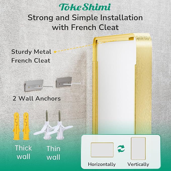 TokeShimi 24x36 Brushed Gold Bathroom Mirror,Wall Mirror for Bathroom with Tempered Glass,Gold Bathroom Vanity Mirror for Over Sink,Aluminum Framed Mirror(Horizontal/Vertical)