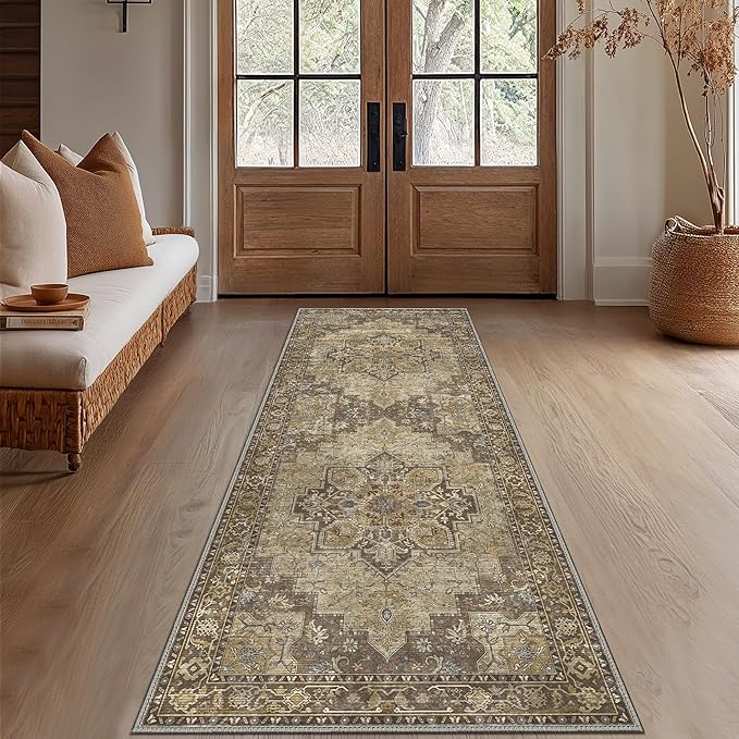 GENIMO 2x12 Runner Rugs for Hallway, Machine Washable Non Slip Vintage Rugs, Low Pile Lightweight Soft Print Rug for enrtyway, Corridor, Home Office, Kitchen, Rustic Brown