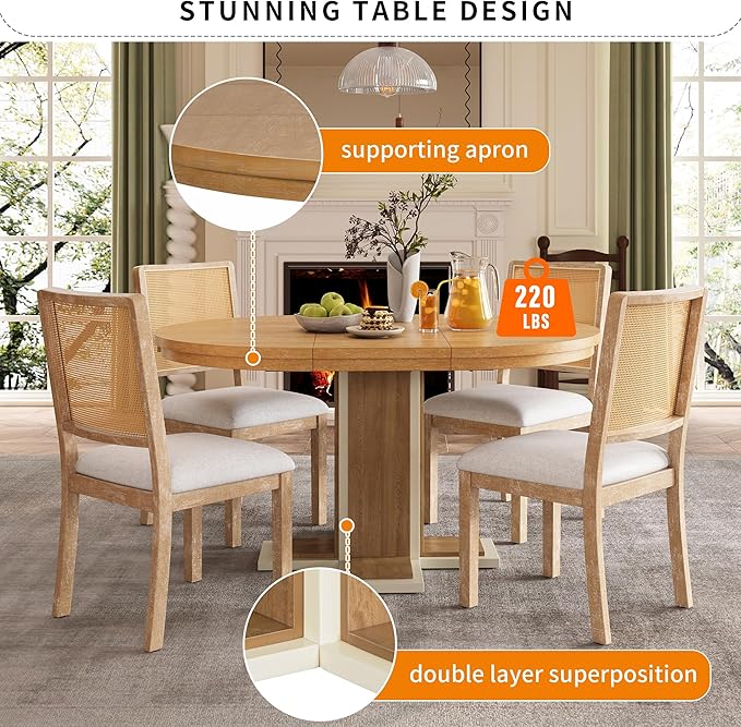 Ball & Cast Farmhouse Extendable Dining Table for 4-6, 42"-58" Extendable Kitchen-Table with a 16" Leaf, Round Ellipse Retro Wood Dining Room-Table w/Double Layer Base,Two Tone Color, Natural