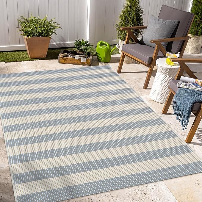 OJIA Washable Area Rugs 4'x6', Striped Outdoor Rug Cotton Woven Entryway Rugs Indoor Patio Rugs Carpet Large Area Rugs for Bedroom/Porch/Deck/Backyard/Camping/Living Room (Blue/White/Tan)