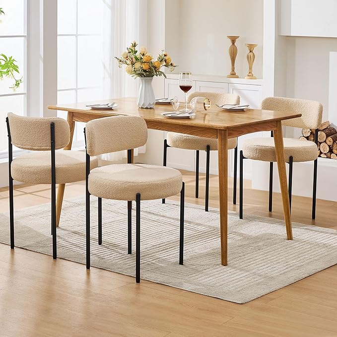 Dining Chairs Set of 6, Beige Boucle Dining Chair, Curved Backrest Upholstered Dining Room Chairs with Black Metal Legs, Mid Century Modern Dining Chairs for Kitchen, Living Room, Beige
