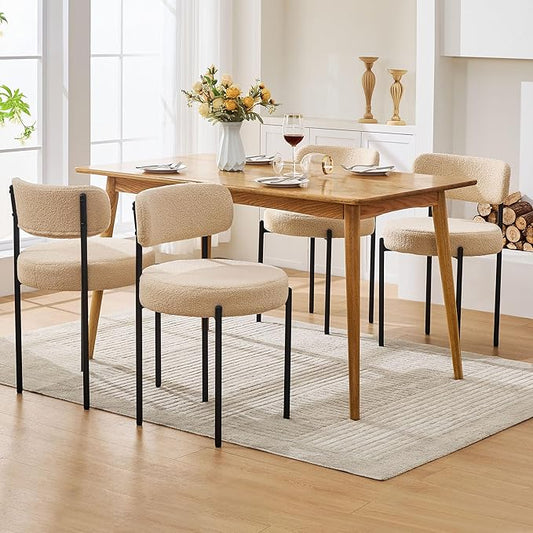 Dining Chairs Set of 4, Beige Boucle Dining Chair, Curved Backrest Upholstered Dining Room Chairs with Black Metal Legs, Mid Century Modern Dining Chairs for Kitchen, Living Room, Beige