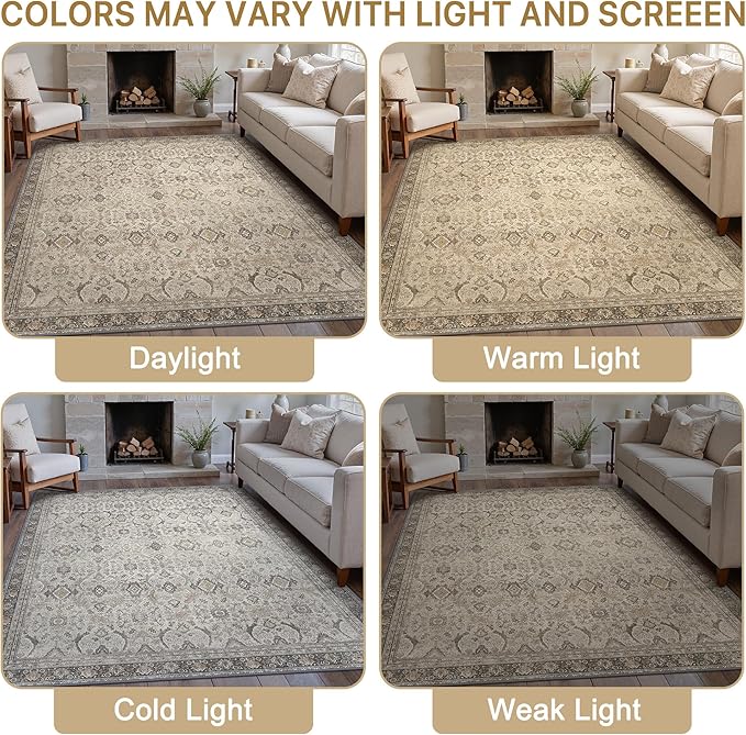 8X10 Area Rugs Machine Washable Rugs for Living Room, Vintage Boho Large Rugs for Bedroom Dining Room, Non Slip Indoor Soft Distressed Lightweight Thin Low Pile Carpet, Tan