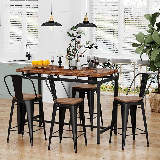 Changjie Furniture 30 Inches Metal Barstools Set of 4 Counter Height Bar Stools Industrial Stools with Backs High Back Chairs for Kitchen Island (30 Inch, Black)