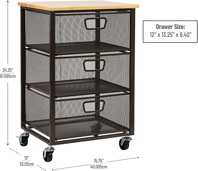 Mind Reader 3-Drawer Rolling Storage Cart, Office Organizer with Wood Top, Multipurpose Portable Cabinet with Wheels, Metal Mesh, Black