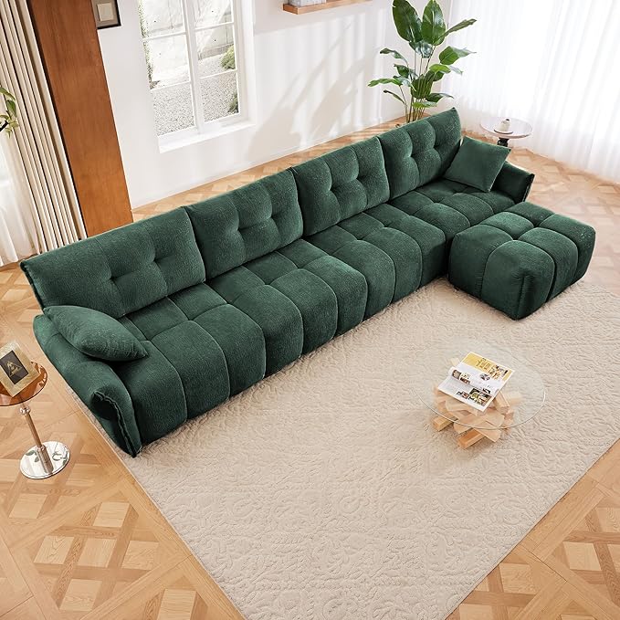 Modern Chenille Fabric 4-Seat Sofa w/Ottoman+2 Pillows, Premium Upholstery Living Room Couch with Tufted Backrest & Comfortable Armrests and High-Resilience Memory Foam Cushions,Green
