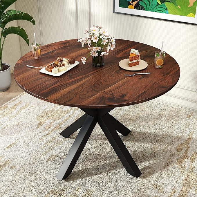 Round Dining Table, 42" Kitchen Dining Table for 4-6, Small Round Table with Metal Cross Legs, Modern Round Dining Room Table for Kitchen, Apartment, Living Room, Brown