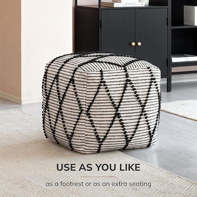 Anji Mountain 100% Handmade & Handcrafted Comfortable Home Décor Pouf Ottoman Footrest for Living Room, Bedroom, Nursery, Kidsroom, Patio Furniture - (19" x 19" x 17"- Black,White)