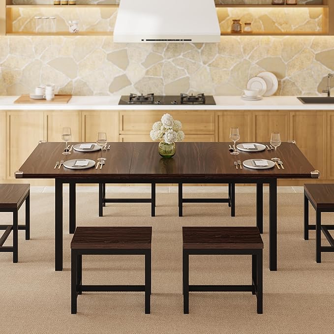 7-Piece Dining Table Set, 63" Extendable Kitchen Room Table with 6 Stools, Mid Century Modern Dinner Table with Metal Frame & MDF Board, Space-Saving, Easy Assembly, Espresso