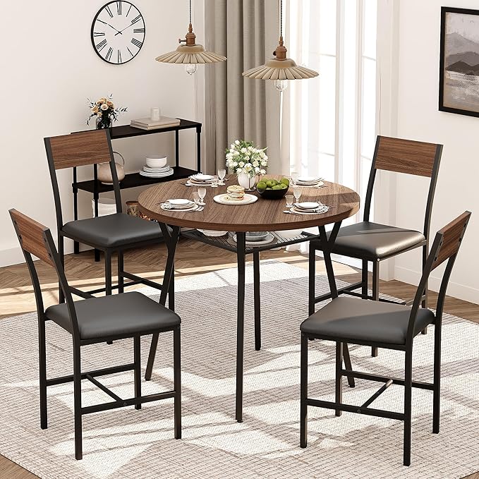 Pamapic Round Dining Table Set for 4, Kitchen Table and Chairs for 4, Dining Room Circle Dinner Pedestal Table, Solid Metal Frame,Space Saving Wood Kitchen & Dining Room Furniture,Walnut