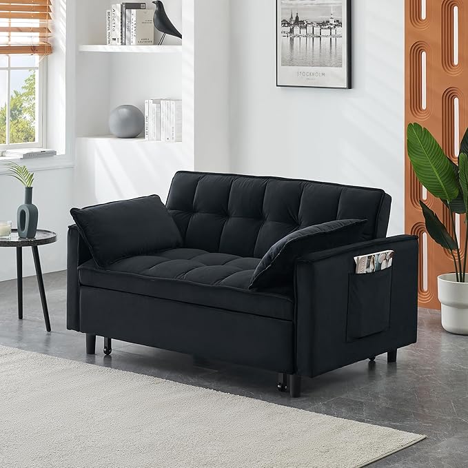Ball & Cast 55" Convertible Sleeper Sofa Bed,Convertible Pull Out Couch with 2 Pillows,Adjustable Backrest & Side Pocket,Loveseat Futon Sofa Bed for Living Room,Apartment,Velvet Fabric,Black