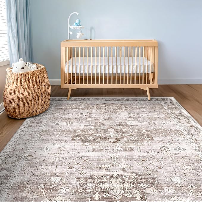 Washable Neutral Farmhouse Living Room Rug, 5x8 Area Rugs for Bedroom Under Bed, Nursery Room, Boho Vintage Floral Non-Slip Rug Low Pile Stain Resistant (5x8 Beige/Latte)