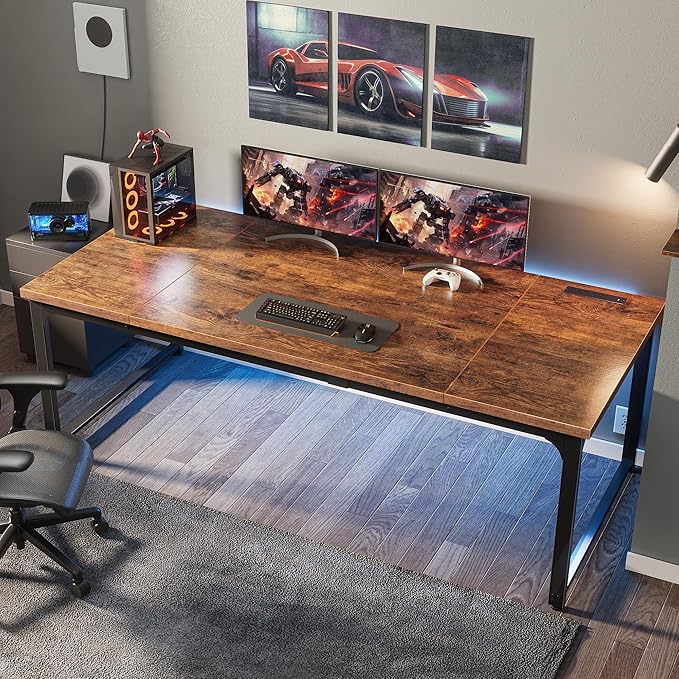 Huuger 71 x 31.5 Inch Desk with Power Outlets & USB-C, 1.2 Inch Thicker Desktop, Robust Metal Tubes, Deep Computer Desk, Heavy Duty Office Desk, Work Desk for Home Office, Rustic Brown