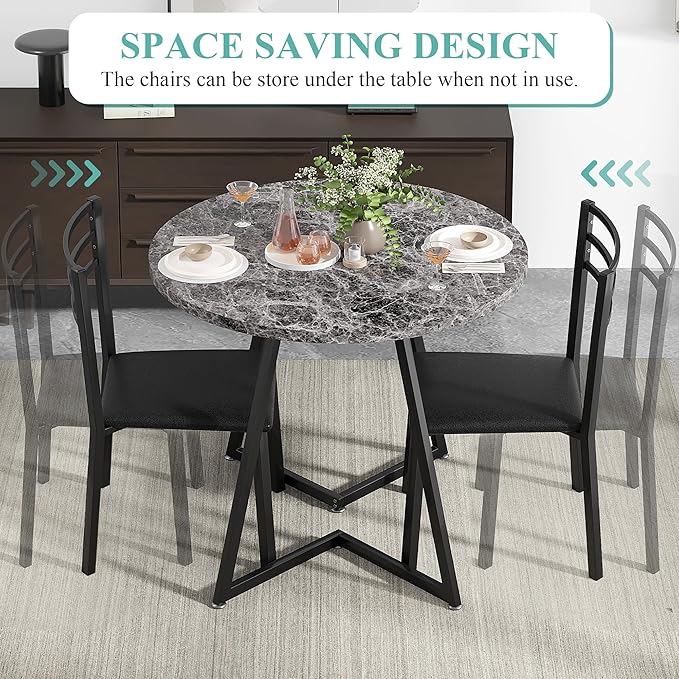 VECELO Small Round Dining Table Set for 2, Wood Tabletop with Strong Metal Frame, Modern Dinette with Chairs for Kitchen, Breakfast Nook Living Room, Faux Marbled & Grey