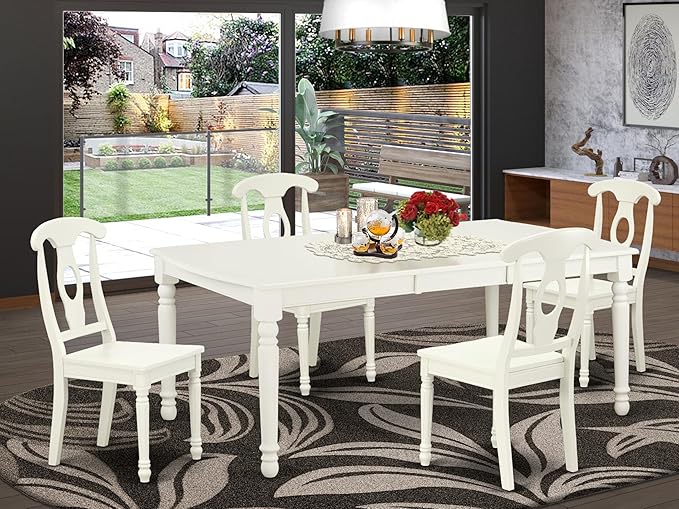East West Furniture DOKE5-LWH-W 5 Piece Kitchen Table Set for 4 Includes a Rectangle Dining Room Table with Butterfly Leaf and 4 Solid Wood Seat Chairs, 42x78 Inch, Linen White