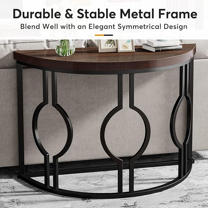 LITTLE TREE 43 Inch Half Moon Console Table for Entryway Industrial Semi Circle Sofa Table Wood Accent Table for Living Room, Hallway, Foyer, Entrance, Rustic Brown