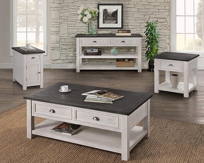 Martin Svensson Home Monterey Chairside Table - White with Grey Top - Coastal Multi-Use Table with Built-in Outlets and Drawers for Bedroom or Living Room