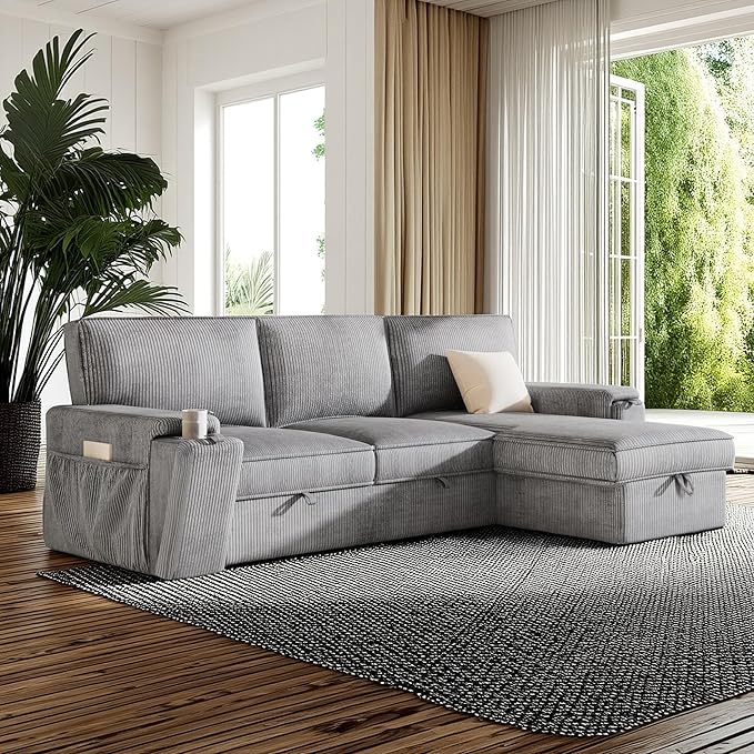 96.1 Inch L-Shaped Convertible Sectional Sleeper Sofa with Pull Out Bed, Storage Bags and 2 Hidden Cup Holders on Arms, Upholstered Corner Couch for Living Room Office Apartment, Gray