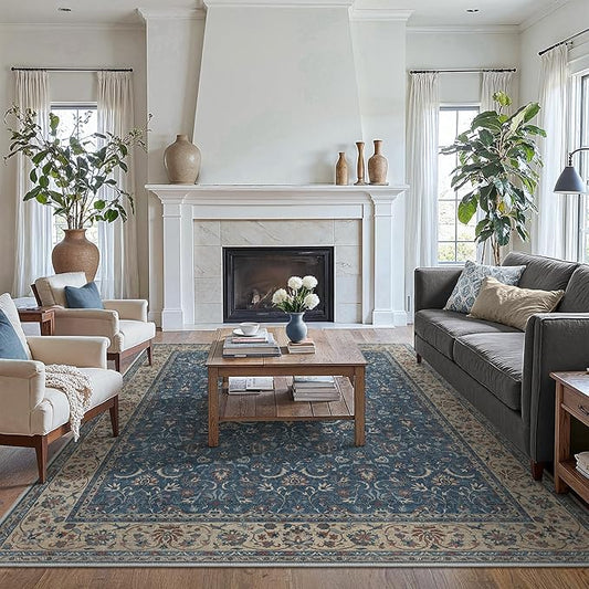 8X10 Area Rugs Machine Washable Rugs for Living Room, Vintage Boho Large Rugs for Bedroom Dining Room, Non Slip Indoor Soft Distressed Lightweight Thin Low Pile Carpet, Indigo