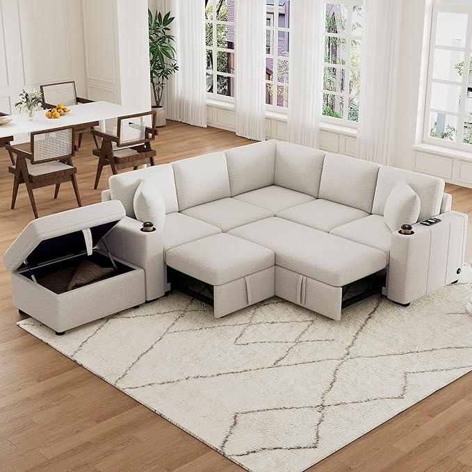 84.7" Symmetrical Convertible Sleeper Sectional Sofa Couch Bed for Living Room 4 Seater L Shaped Reversible Pull Out Sleeper Sofabed with Movable Ottoman ,2 Cup Holders ,USB Ports, Detachable Backrest