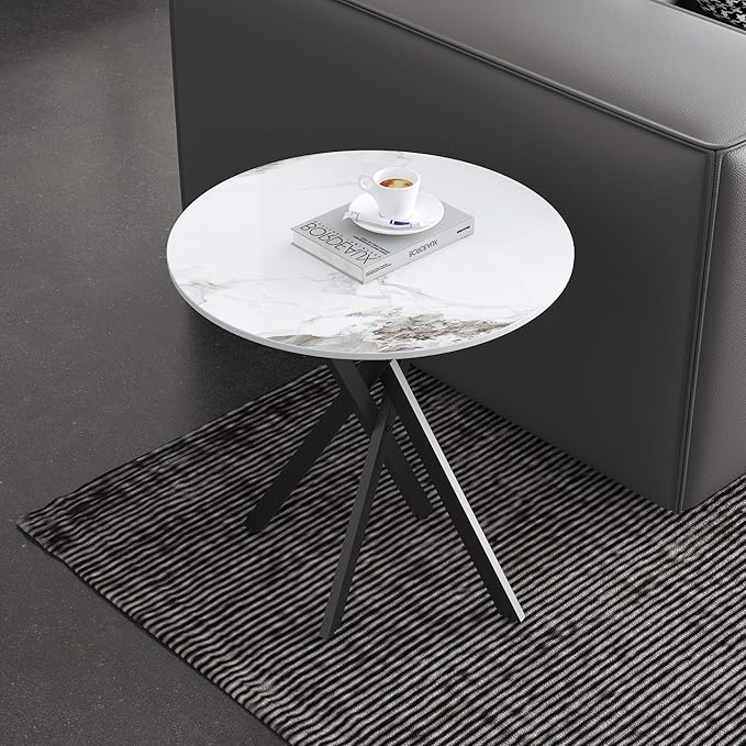 Small Round Marble Side Coffee Table Set of 2 with Metal Legs, Sintered Stone White Modern End Table for Living Room Sofa Home Bed Office (2 Pieces, 20"×20"×18")