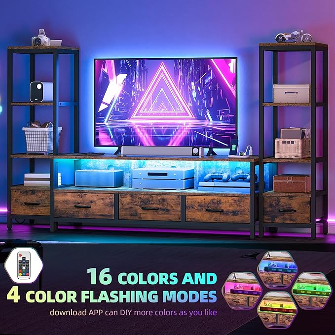 DWVO Entertainment Center with Bookshelves, LED TV Stand for 65/60 inch TV, Retro TV Stand for Living Room with 2 Industrial 4-Tier Bookshelves & Power Outlets,Rustic Brown