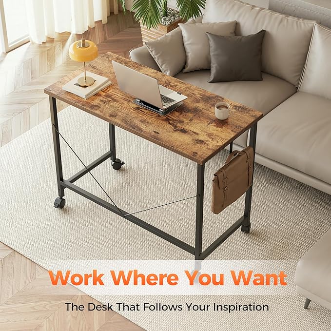Rolling Computer Desk with Wheels, Gaming Desk for Small Spaces, Modern Simple Style Table for Home Office, Study Writing Table (Caster, Rustic Brown, 24 inch)