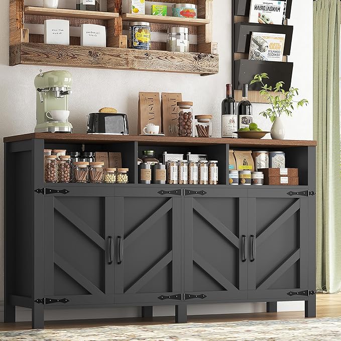 Buffet Sideboard with Storage Farmhouse with 4 Doors, 55'' Large Kitchen Storage Cabinet Wood Coffee Bar Cabinet Buffet Table with Shelves for Kitchen, Dining Room, Entryway (Black, 55 in)
