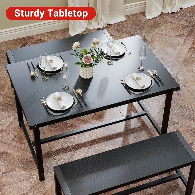 Garvee Dining Table Set for 4, Kitchen Table with Benches, 3 Piece Rectangular Dining Room Set with 2 Wooden Benches for Small Space, Apartment, Studio, Home, Rustic Black