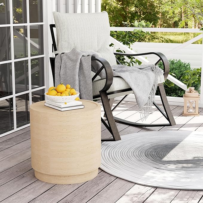 COSIEST 14.4" Outdoor Side Table, Round Concrete End Table for Patio Small Outdoor Coffe Tables, Garden Stool Accent Table for Livingroom, Porch, Deck, Balcony & Beach，Sandy Yellow