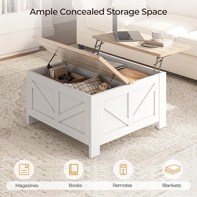 Yaheetech Farmhouse Lift Top Coffee Table with Storage, Square Coffee Table for Living Room, 31.5 Inches Center Tables with Large Hidden Storage Compartment for Home Office, White & Light Oak