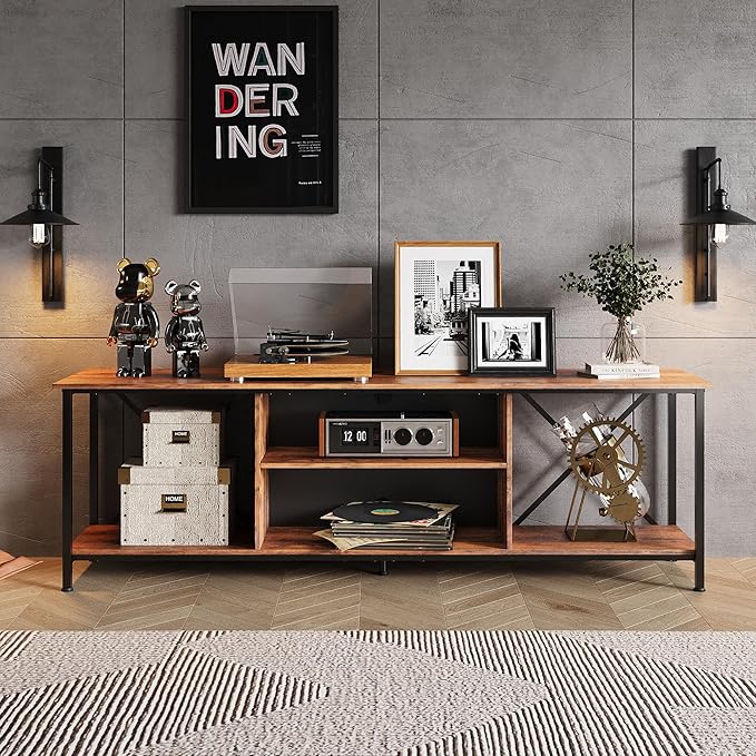WLIVE TV Stand for 70 Inch TV, Entertainment Center with Storage, Industrial TV Console for Living Room and Bedroom, Rustic Brown