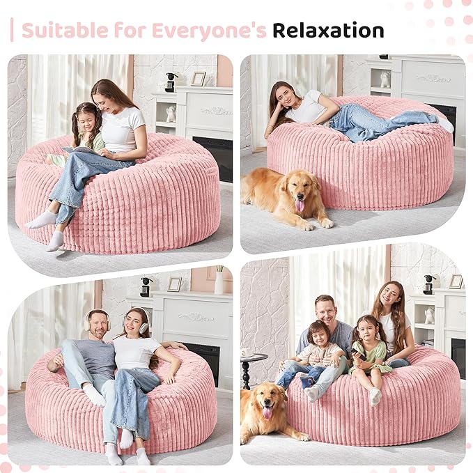 HABUTWAY 3FT Bean Bag Chair, 3' Large Bean Bag Chairs for Adults with Removable Stripe Plush Cover, Memory Foam Beanbag Chair for Living Room Bedroom Dorm (Tender Pink)