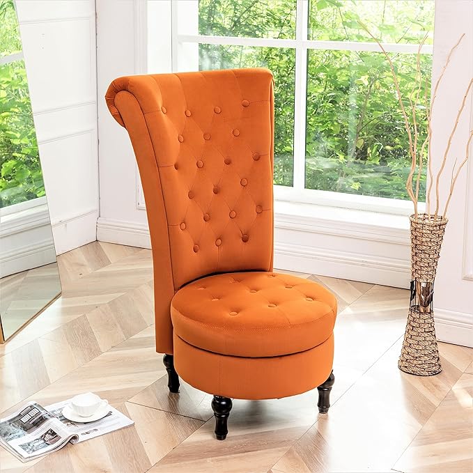 Container Furniture Direct Royal High-Back Velvet Accent Chair for Vanity with Storage and Luxurious Upholstery, Retro Design and Versatile Usage for Livingroom, Bedroom, Lounge and Office, Red Orange