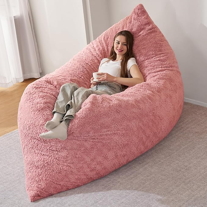 HABUTWAY 4 in 1 Bean Bag Chair, Giant Memory Foam Filling Bean Bag Sofa, Adult Bean Bag Chair, Machine Washable Faux Fur Cover, Bean Bag for Adult (Pink)